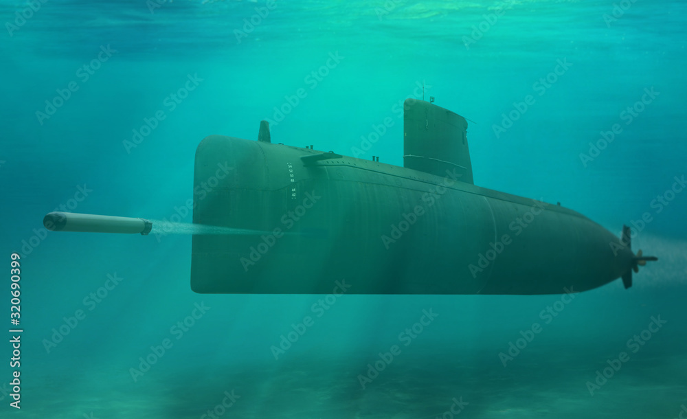 Εκτύπωση καμβά 3D illustration naval submarine firing torpedo underwater