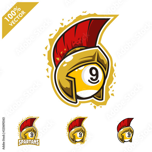 Billiard 9 ball with Spartan helmet logo vector illustration for club or team. Scalable and editable 4 variation vector.
