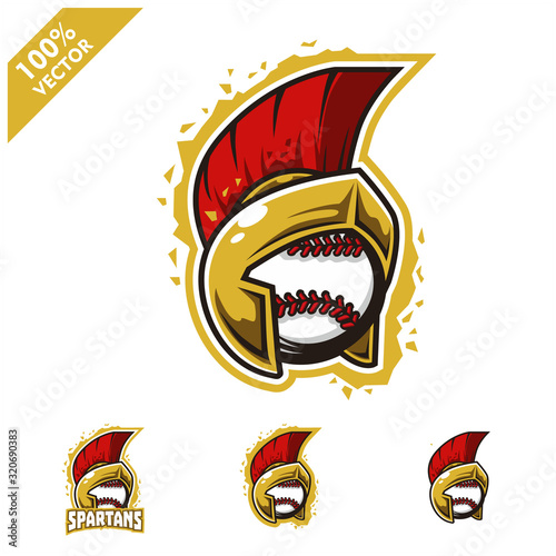Baseball softball ball with Spartan helmet logo vector illustration for club or team. Scalable and editable 4 variation vector.