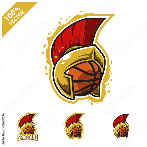 Basketball ball with Spartan helmet logo vector illustration for club or team. Scalable and editable 4 variation vector.