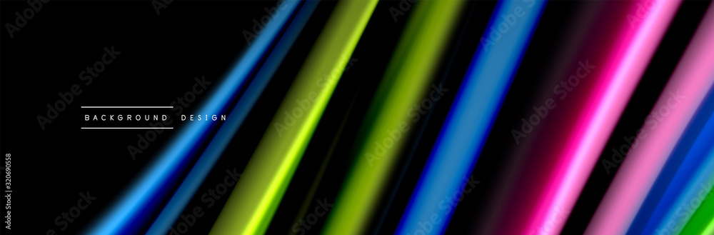 Silk and smooth flow wave poster design. Color waves, liquid style lines and shapes in black color background