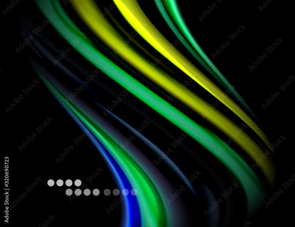 Silk smooth lines on black, liquid fluid color waves. Vector Illustration
