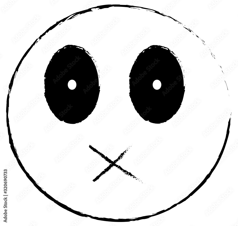 Speechless emoji. Mute emoticon with x mouth face black and white vector. Meaning that someone