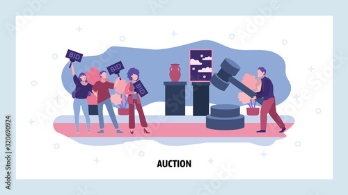 Auction business concept. People make bid in public auction house. Vector web site design template. Landing page website concept illustration