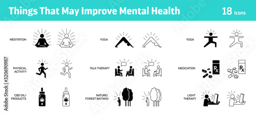 Things that may improve mental health icon set, 18 icons
