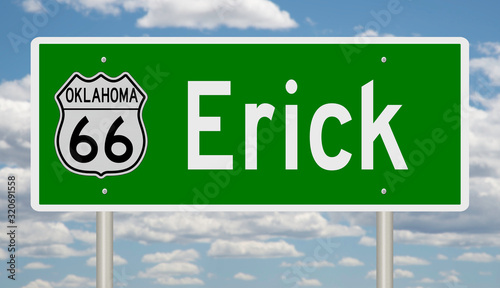 Rendering of a green 3d highway sign for Erick Oklahoma on Route 66 photo