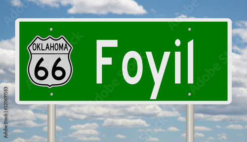 Rendering of a green 3d highway sign for Foyil Oklahoma on Route 66 photo