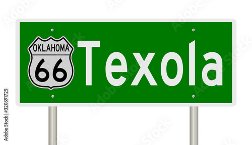 Rendering of a green 3d highway sign for Texola Oklahoma on Route 66 photo