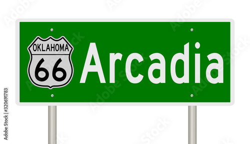 Rendering of a green 3d highway sign for Arcadia Oklahoma on Route 66