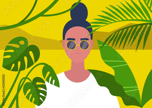 Jungle nature, travel destinations, A portrait of a young female character framed by tropical plant leaves