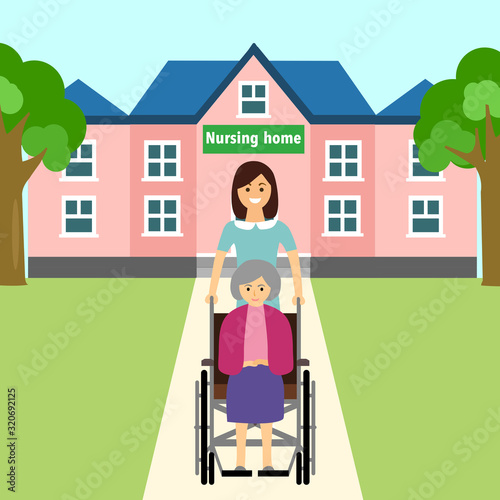 Nurse pushing wheelchair of elderly woman in nursing home garden. Nursing care for elderly concept vector illustration.