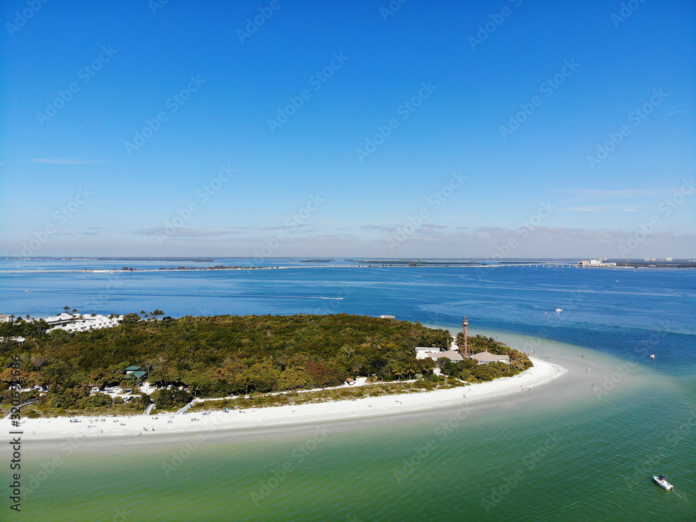 Aerial landscape view of the lighthouse and lighthouse beach on Sanibel Island in Lee County, Florida, United States