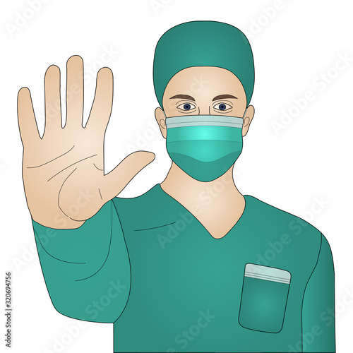 Doctor. Nurse in a mask and overalls. Vector illustration. Hand forward - stop viruses. Pandemic Covid19. Men on an isolated background. Idea for educational literature, web design. Medical theme. Aid