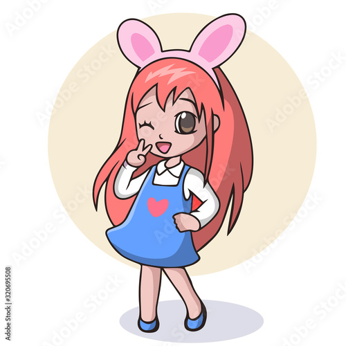 Cartoon cute girl wearing bunny ears with peace sign hand