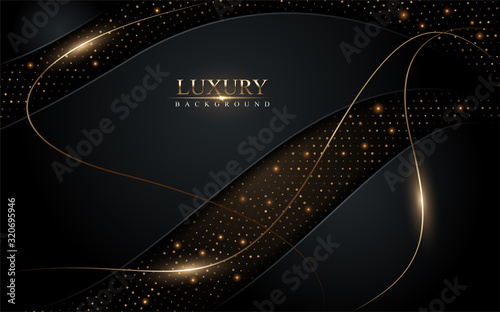 Abstract dark luxury with gold glowing lines and circle dots background design. Textured overlap layer background