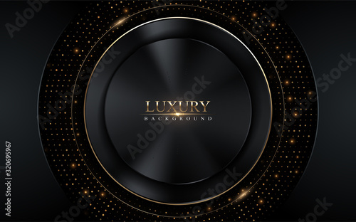 Abstract dark luxury with gold glowing lines and circle dots background design. Textured overlap layer background