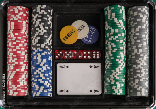 Poker set with chips and cards. The concept of gambling and entertainment. Casino and poker