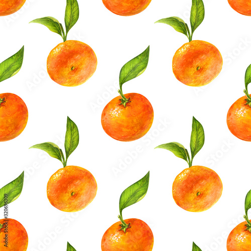 Mandarin and green leaves watercolor seamless pattern. Citrus orange fruits botanical painting illustration isolated on white background