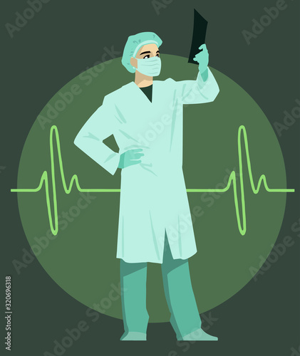 Cartoon graphic illustration of a medical worker, doctor or intern, examining xray image in his hands. Electrocardiogram on the background