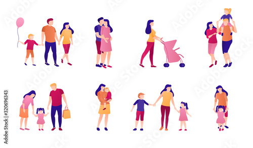 Adults and children together flat illustration set. A collection of people and family relationships, joint leisure and entertainment together. Family values, embrace, care, motherhood and love.