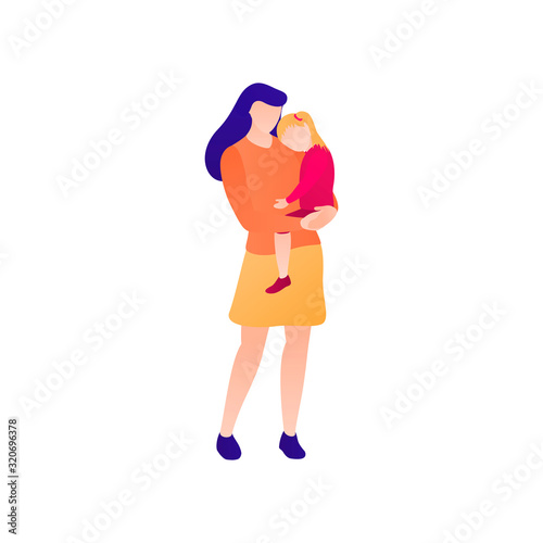 A woman with a baby in her arms a flat vector illustration. A young happy mother care, hugs and holding a baby in her arms. Girl stands in full height at leisure time and has fun with child.