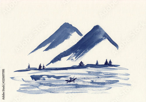 Watercolor painting with asian mountains with river & fisherman. Hand drawn oriental style landscape illustration with layers of rocks. Concept for decoration, relax, restore, meditation background.