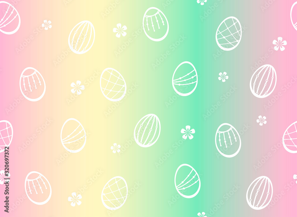 White Easter decorative eggs and small flowers on a soft rainbow background. Vector seamless pattern for festive design, Easter holiday wrapping paper, banner, packaging, printing on fabric or textile