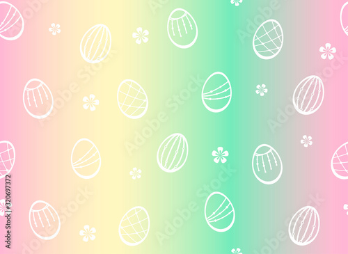 White Easter decorative eggs and small flowers on a soft rainbow background. Vector seamless pattern for festive design, Easter holiday wrapping paper, banner, packaging, printing on fabric or textile