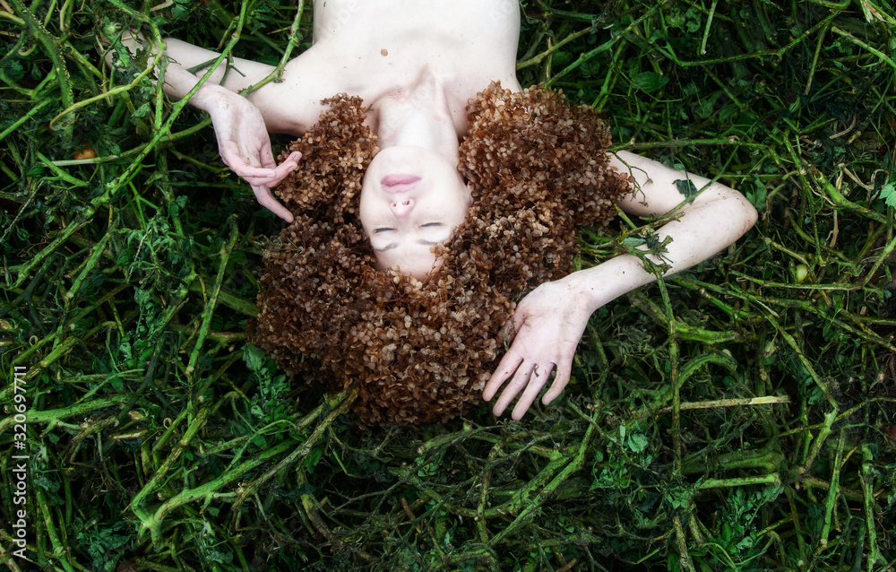 portrait of sexy young woman lying in tomato plants after harvest, with many hortensia flowers around the head instead of her hair, copy space. portrait of sexy young woman lying in tomato plants after harvest, with many hortensia flowers around the head instead of her hair, copy space.