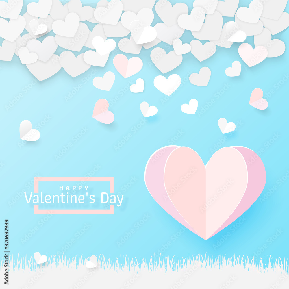 Paper art style of valentine's day greeting card. Origami pink paper balloon heart shape flying on the sky over the grass. Valentine's day holiday card. 