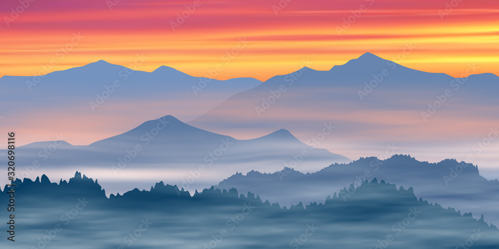 Fantasy on the theme of the mountain landscape. Fog and red sky. Vector illustration, EPS10