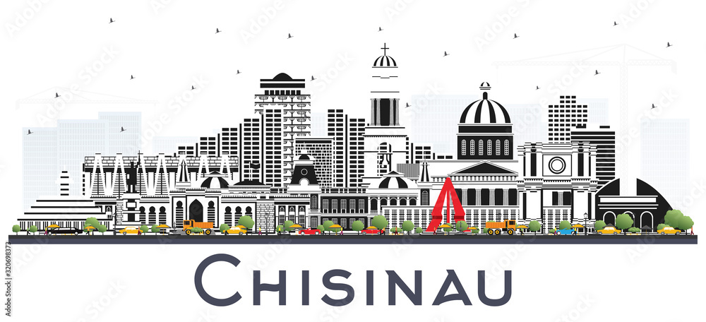 Chisinau Moldova City Skyline with Gray Buildings Isolated on White.