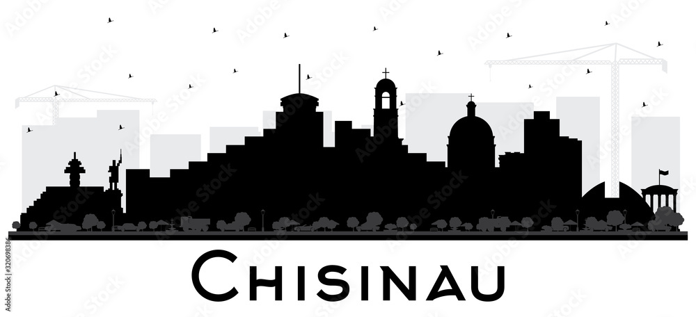 Chisinau Moldova City Skyline Silhouette with Black Buildings Isolated on White.