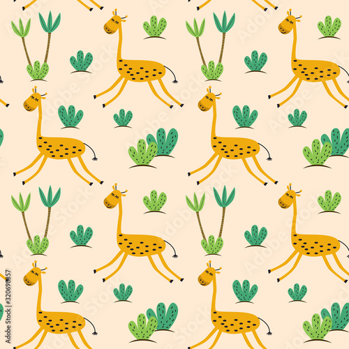 beautiful giraffes in the jungle with cacti and palm trees seamless pattern