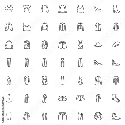 Women's clothing line icons set. linear style symbols collection, ladieswear outline signs pack. vector graphics. Set includes icons as elegant dress, luxury shoes, skirt, female blouse, hat, gown