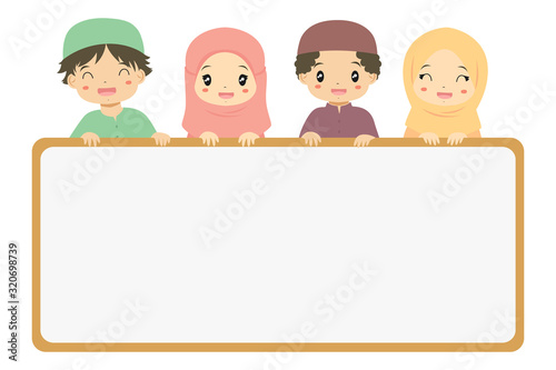 Muslim children holding an empty whiteboard. Muslim kids cartoon vector