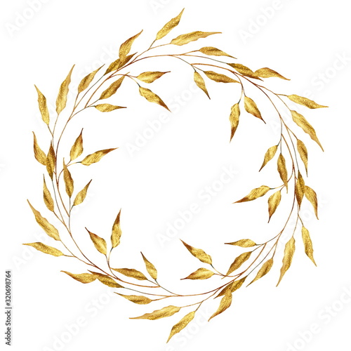 Luxury gold leaves wreath. Decorative round frame isolated on white
