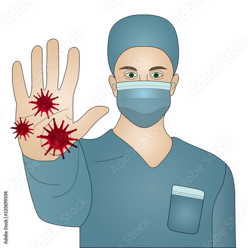 Practicing doctor. Paramedic in mask and overalls. Vector illustration. Hand forward - stop viruses. Pandemic Covid19. Men on an isolated background. Idea for educational literature, web design. 