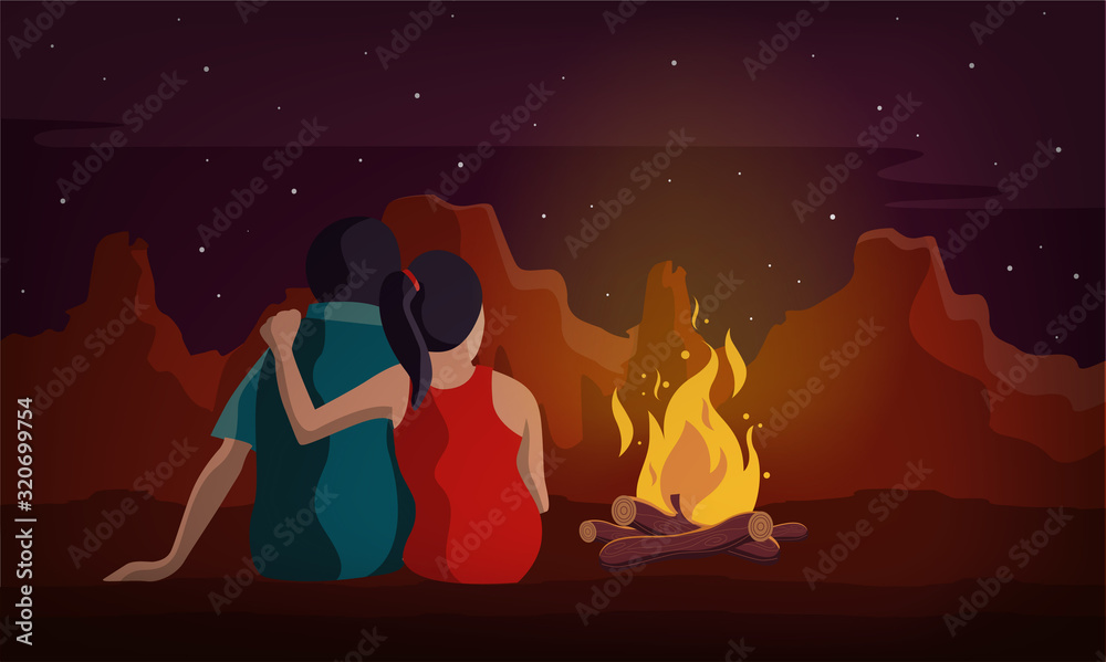 couple sitting with bonfire in night vector