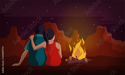 couple sitting with bonfire in night vector