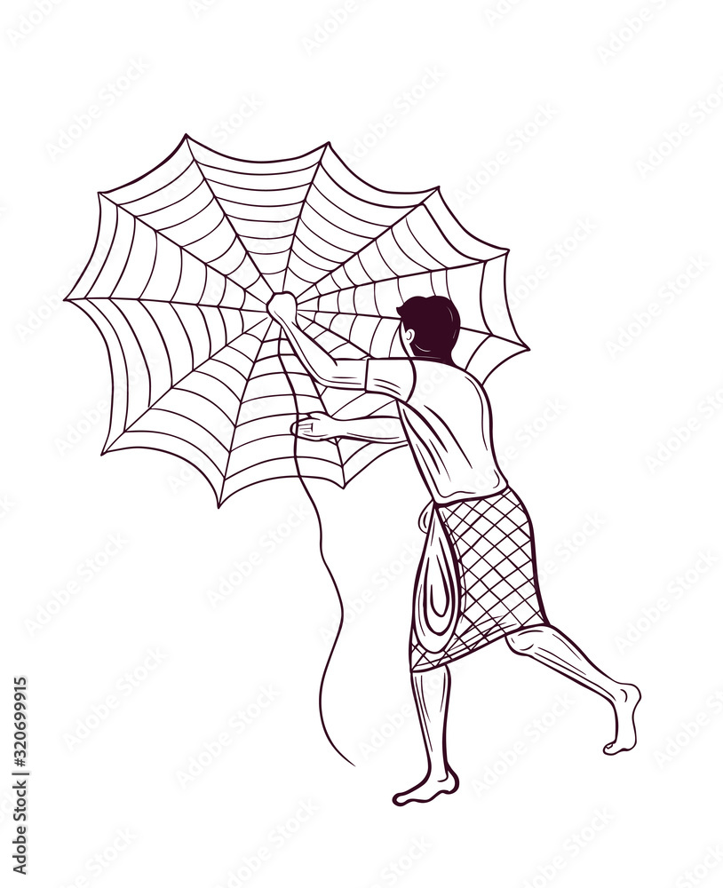 indian fisherman throwing net line drawing vector Stock Vector