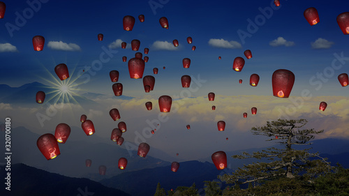 fire paper lanterns in the night sky with nice background