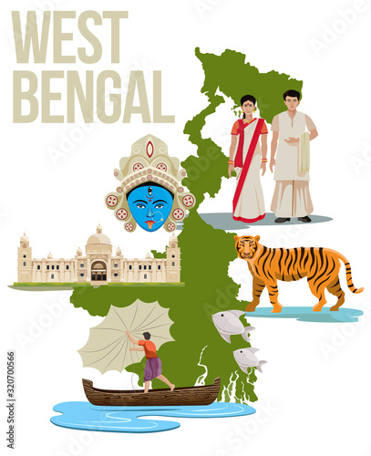 west bengal culture collage with map vector