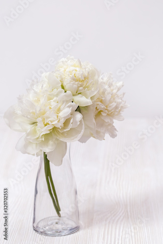 White flowers peonies in glass vase. Still life. Concept of mother, wooden, Valentines day. Soft selective focus.