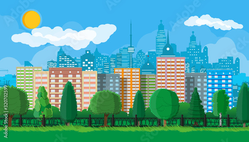 City park concept. Urban forest panorama with fence. Cityscape with buildings and trees. Sky with clouds and sun. Leisure time in summer city park. Vector illustration in flat style