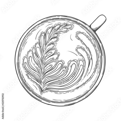 Latte art. Cup of coffee with foam pattern top view isolated on a white background. Vector illustration