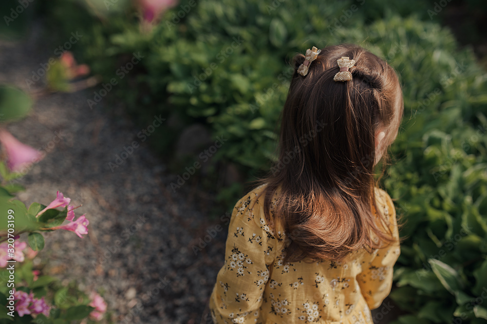 a gentle girl with long curly hair and a hairstyle with barrettes, in a  yellow dress, walks in a flower garden in the spring rear view Stock Photo  | Adobe Stock