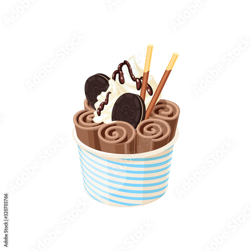 Basket of stir fried chocolate ice cream rolls under chocolate topping and whipped cream decorated with cookies. Vector illustration cartoon flat icon isolated on white.