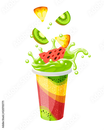 Plastic cup, splash of colorful ice fruit fresh mix. Vector illustration cartoon flat icon isolated on white.