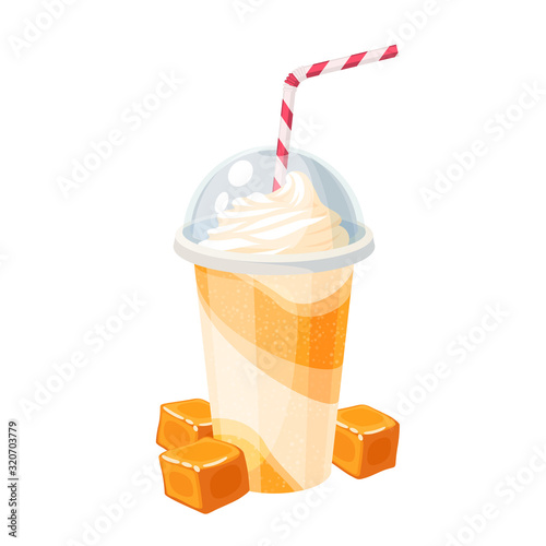 Colorful fruit milkshake design. Plastic cup with lid and straw, full of caramel milk shake. Vector illustration cartoon flat icon isolated on white.